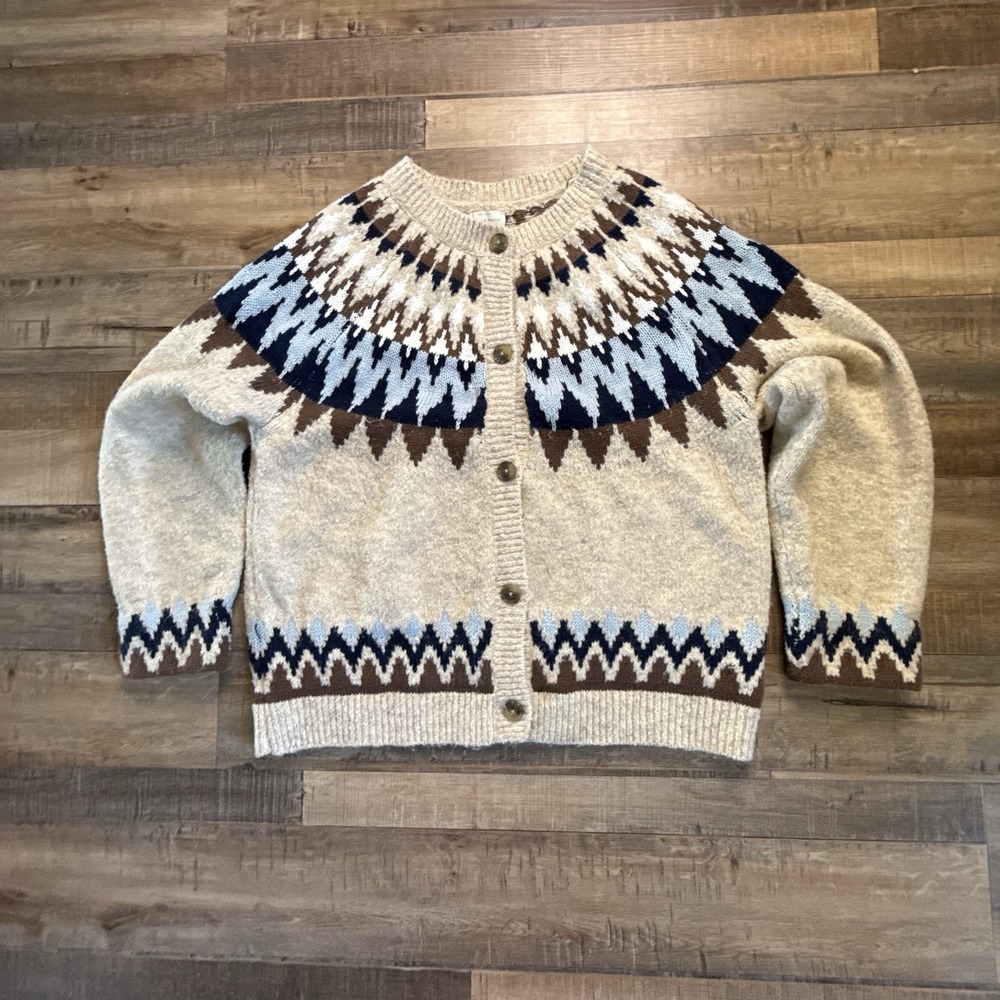 Lucky Brand Women's Fair Isle Long Sleeve Cardigan Sweater Beige, Sz L Fisherman